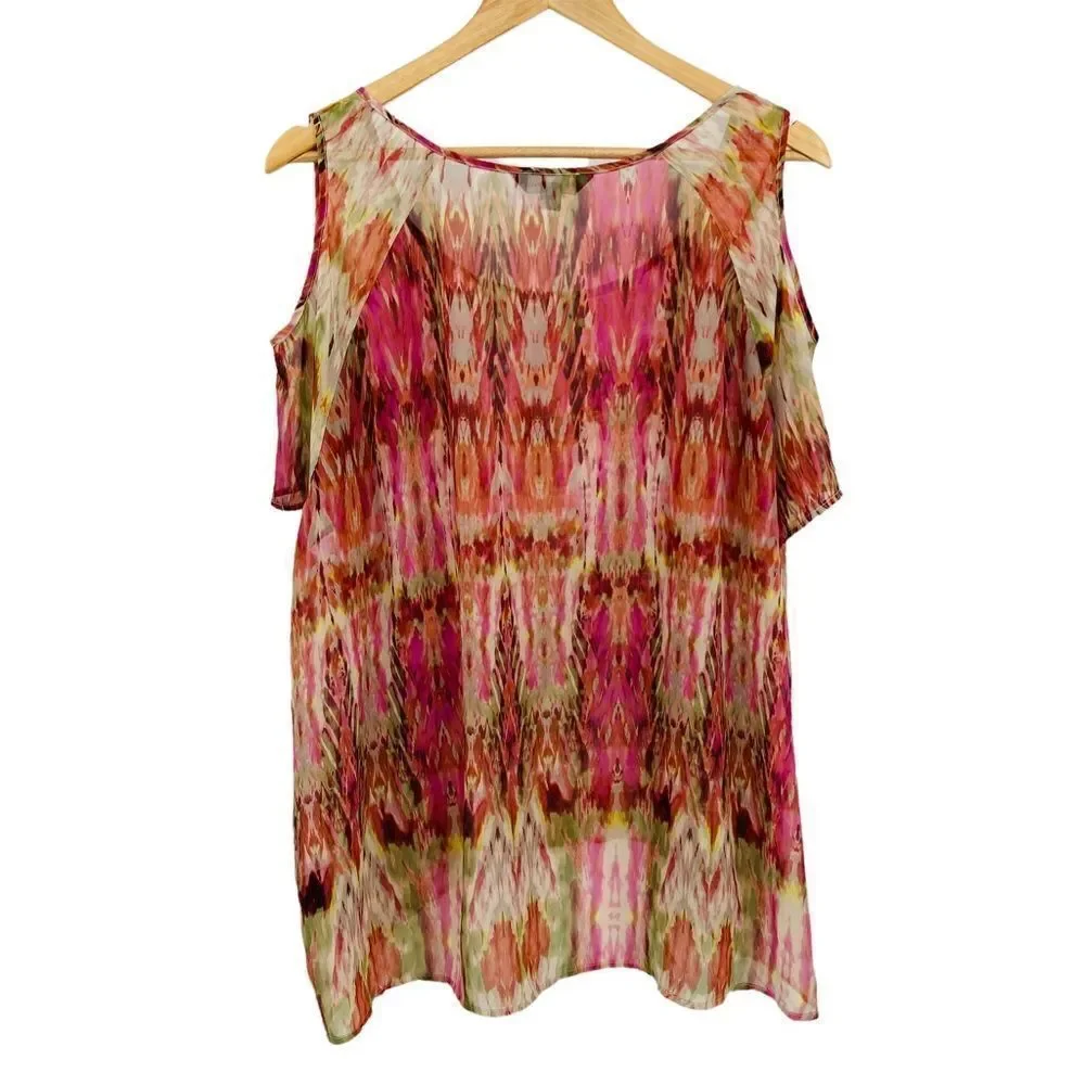 Rock & republic sheer cold shoulder orange and pink boho print high low top